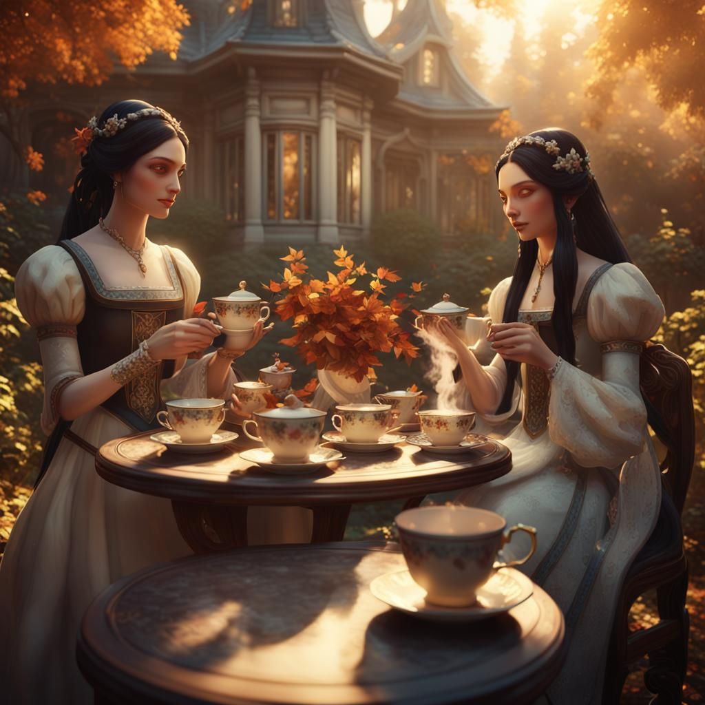 Gothic Goddesses Enjoying Tea: 3D Cinematic Scene