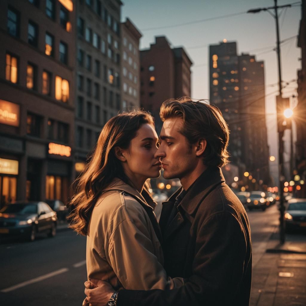 Romantic Twilight Embrace in Film Noir Style