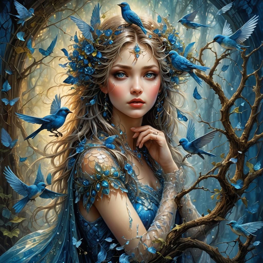 Shy Fairy Tale Creature Hiding with Blue Bird Perception