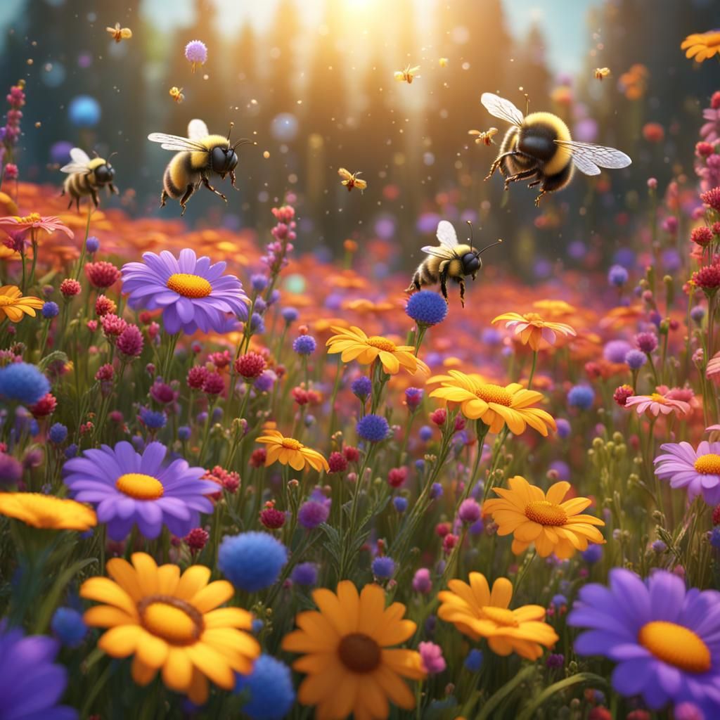 Cheerful Bees in a Fantastical Flower Field