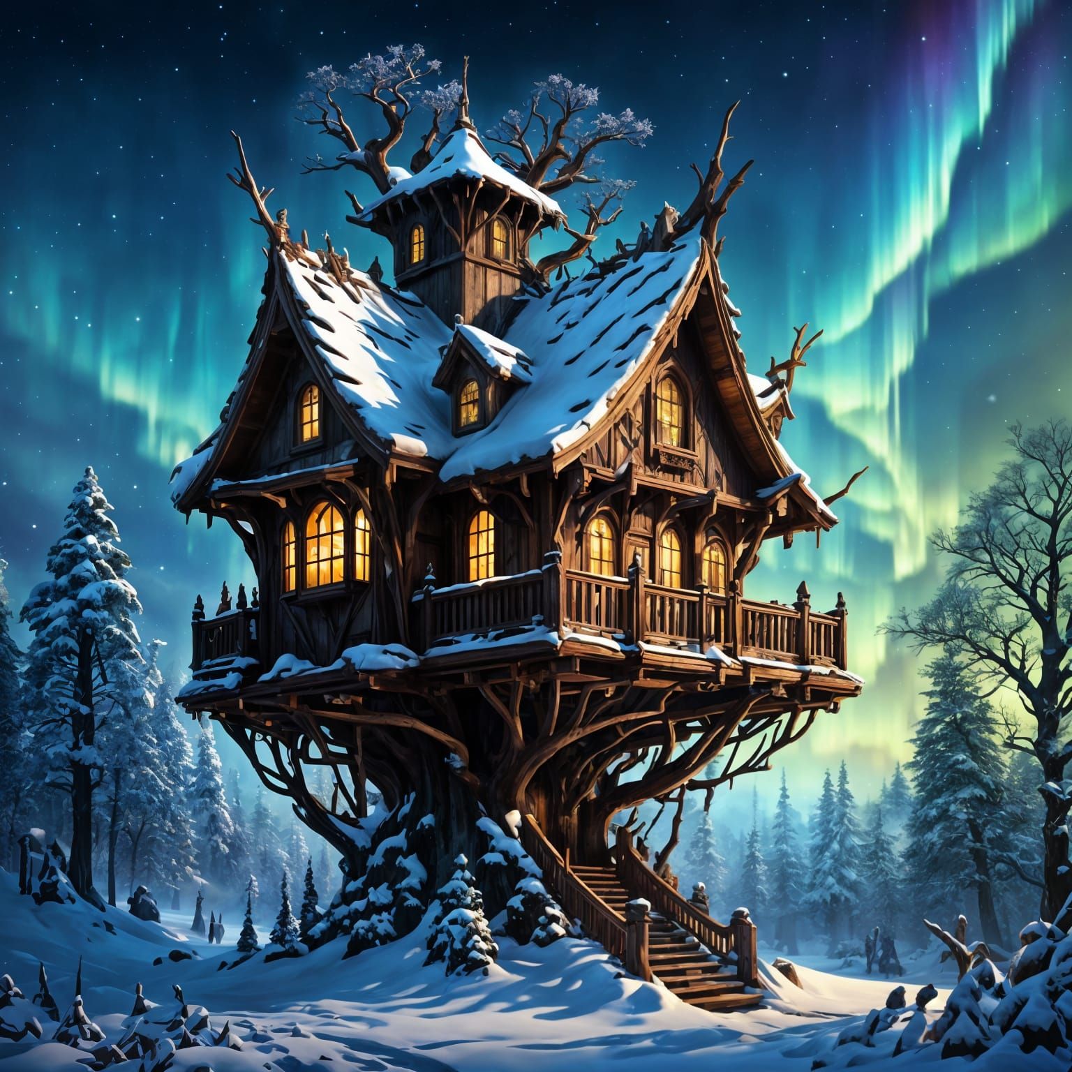 Intricate Thorn Treehouse Under Aurora Borealis