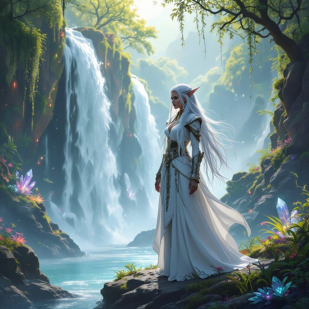 Ethereal Dragonborn Rogue in Mystical Waterfall Scene