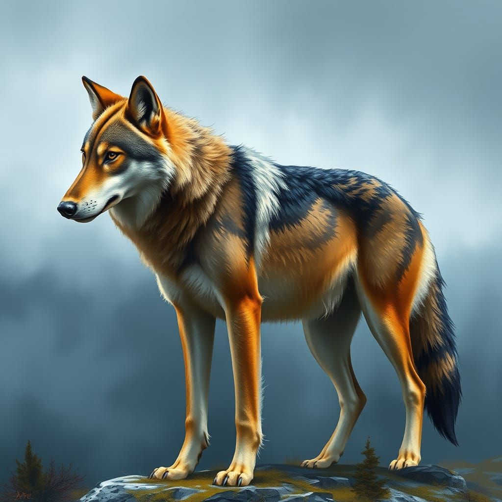 Giant Wolf in Misty Mountains, Digital Art