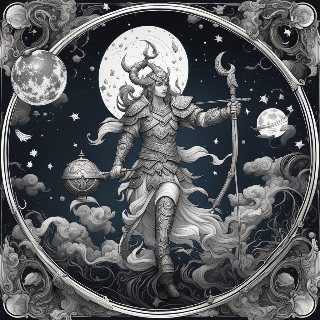 Sagittarius Goddess Cartoon Outline: Fantasy Art