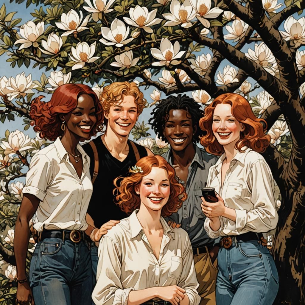 People Around Blooming Magnolia in Bande Dessinée Style