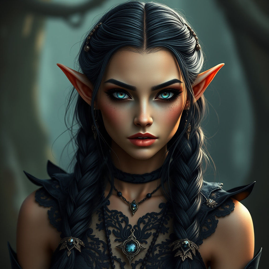 Gothic Elf Maiden with Raven Hair in Fantasy Style