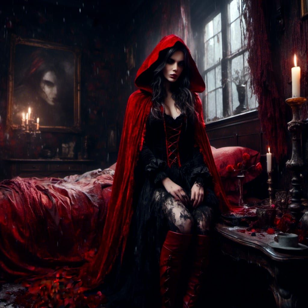 Gothic Red Riding Hood Portrait in Macabre Style