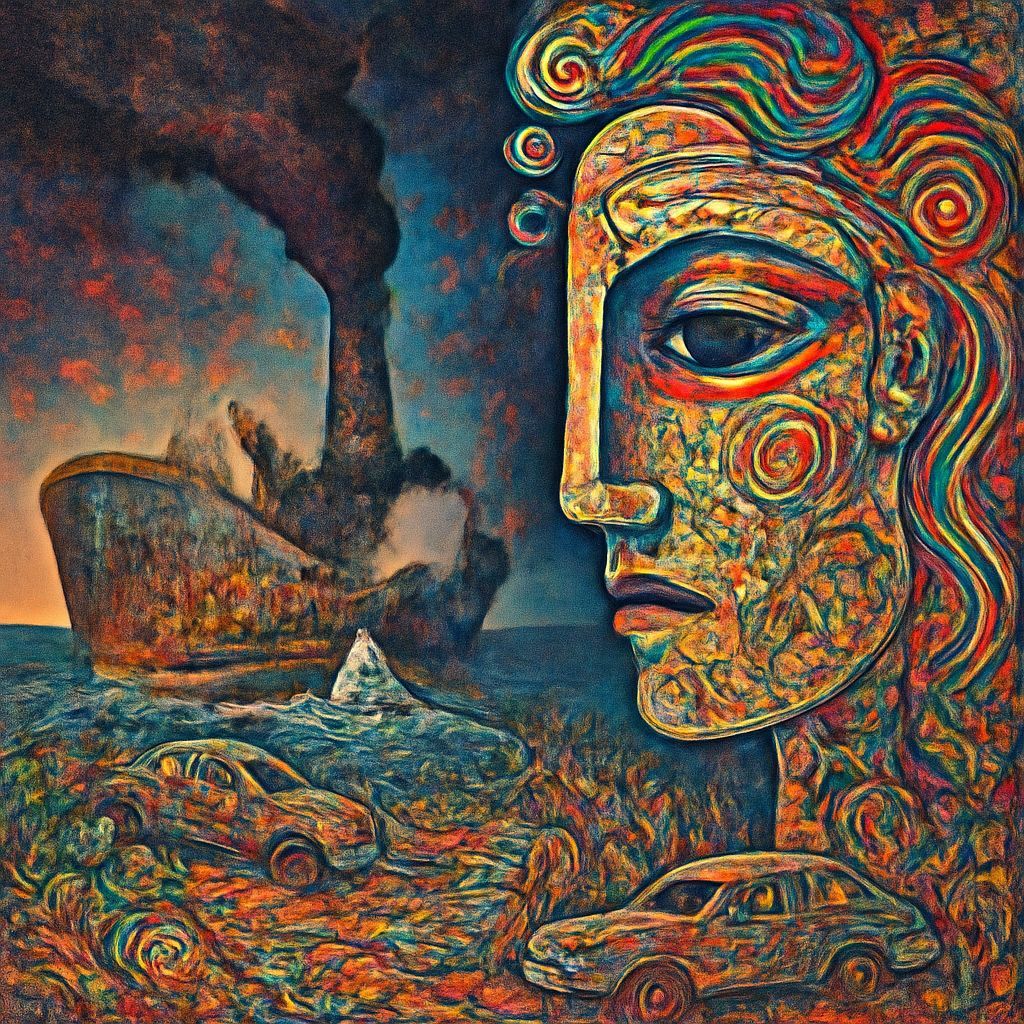 Surreal Oil Tanker Collapses into the Sea Amidst a Vibrant, ...