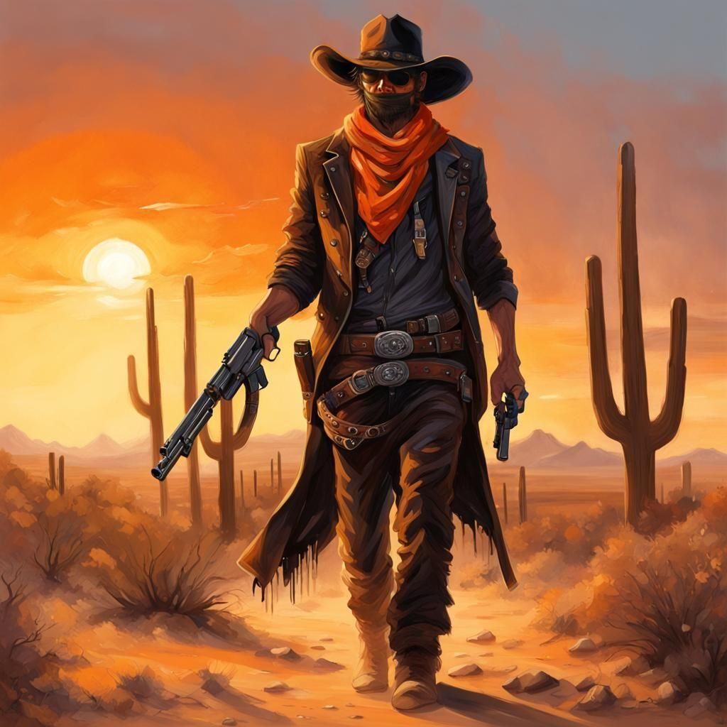 Outlaw Walking in Desert with Guns at Sunset