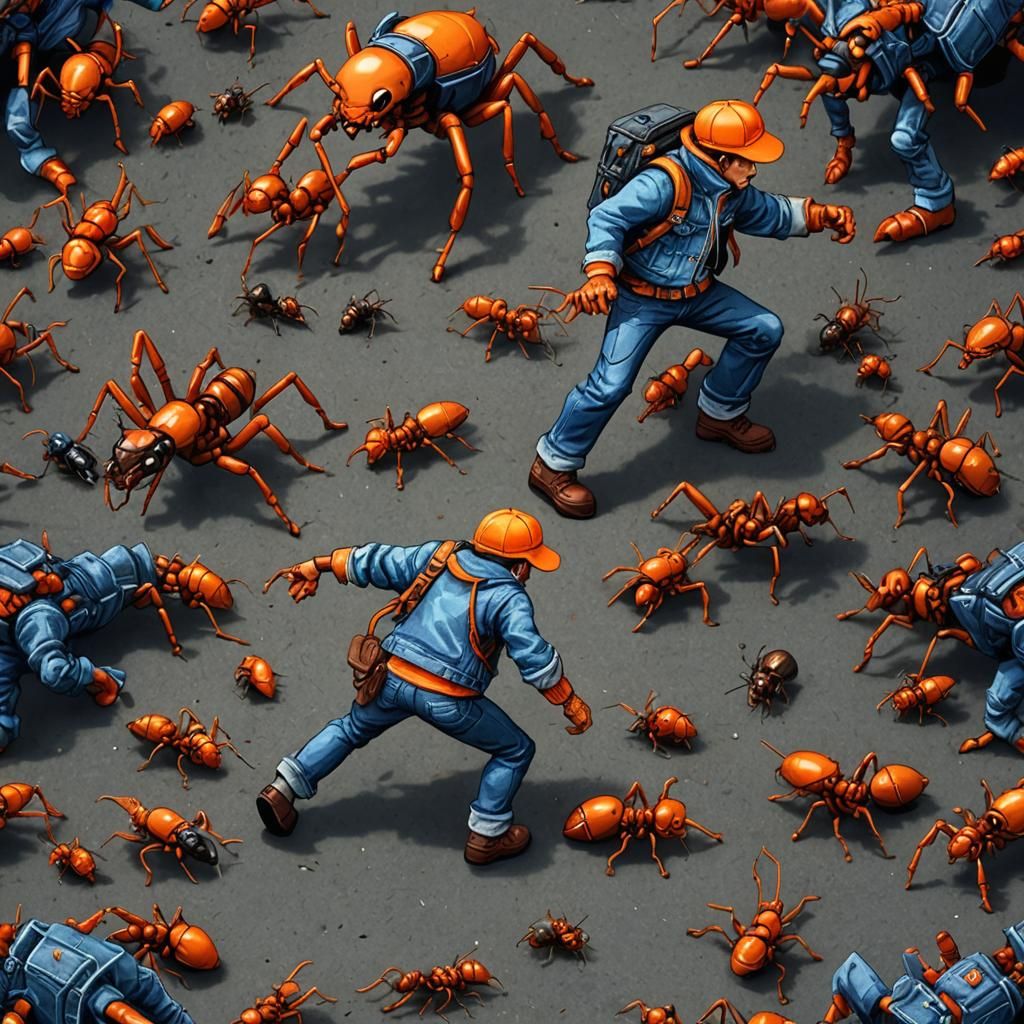 8-Bit Character Fights Monster Ants: Hyperrealistic HDR