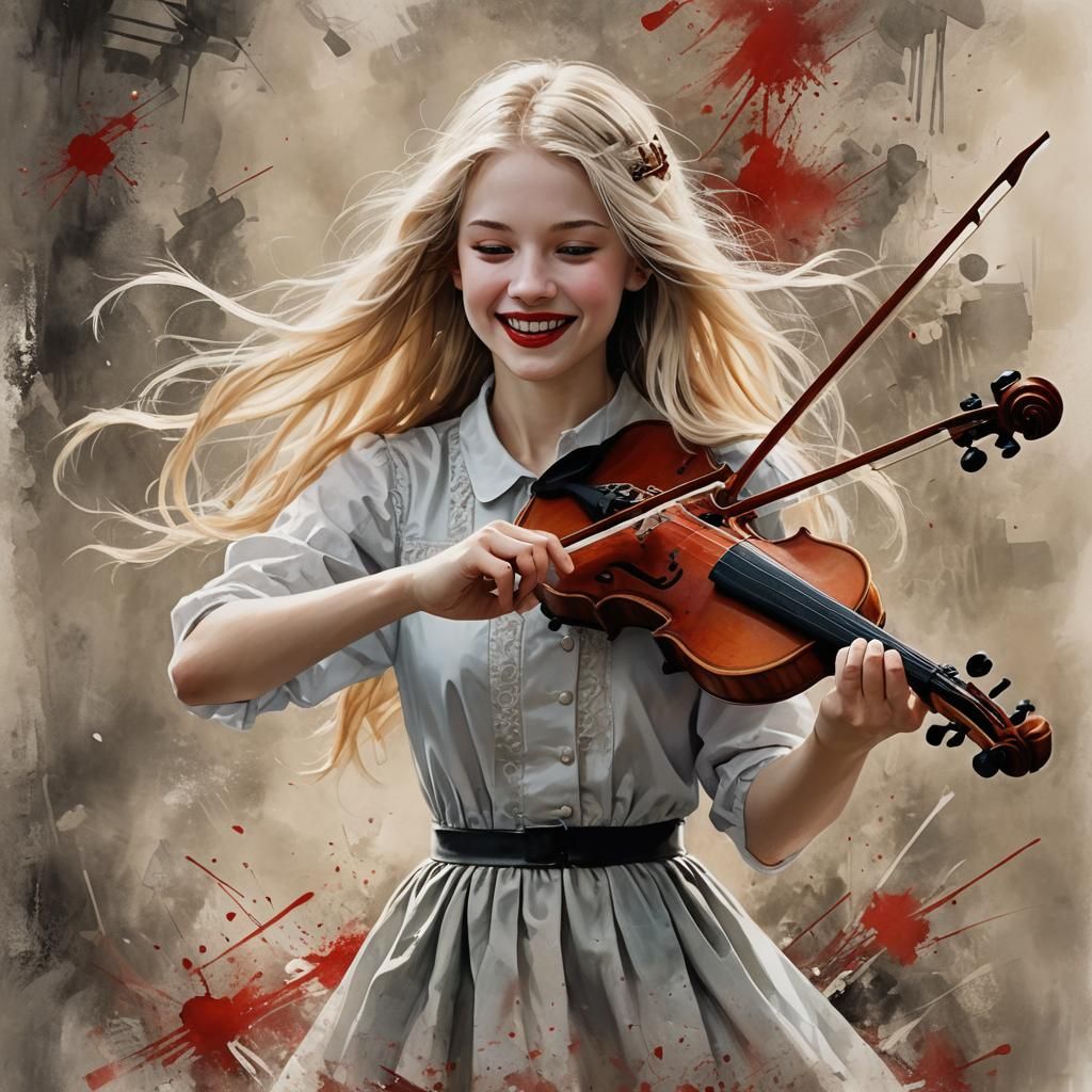 Happy Blonde Girl Playing Violin, Fantasy Art