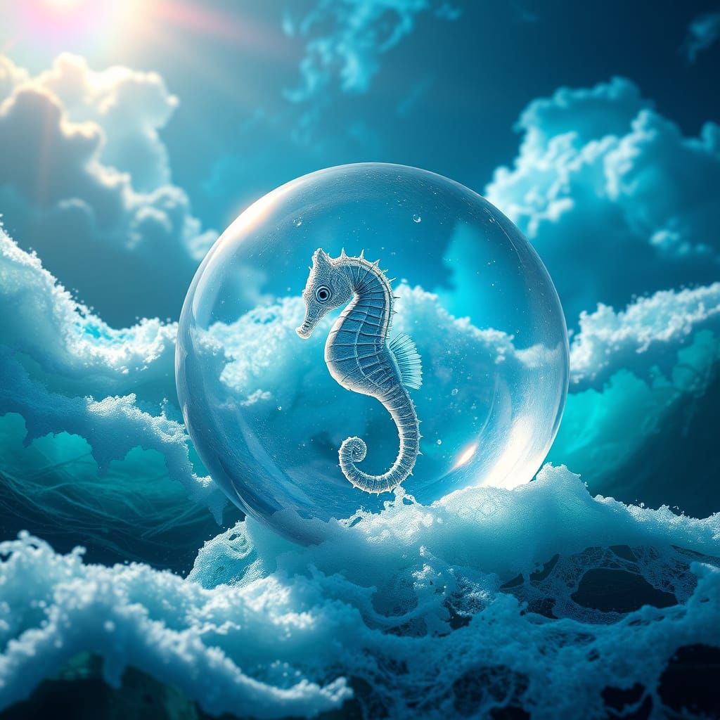 Ethereal Seahorse Rides Stormy Ocean Currents in Iridescent ...