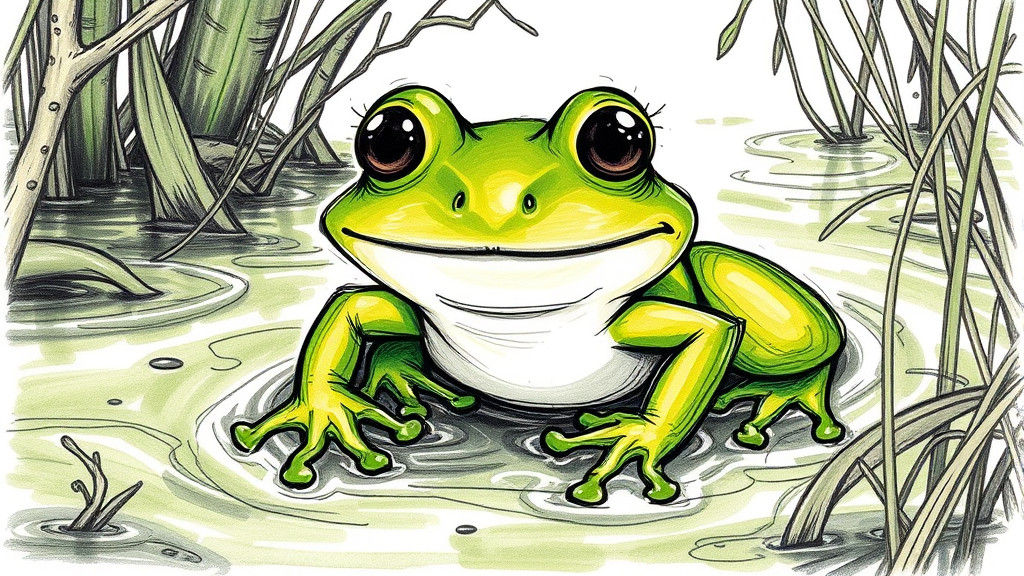 Whimsical Green Frog in Swamp, Hand-Sketched Style