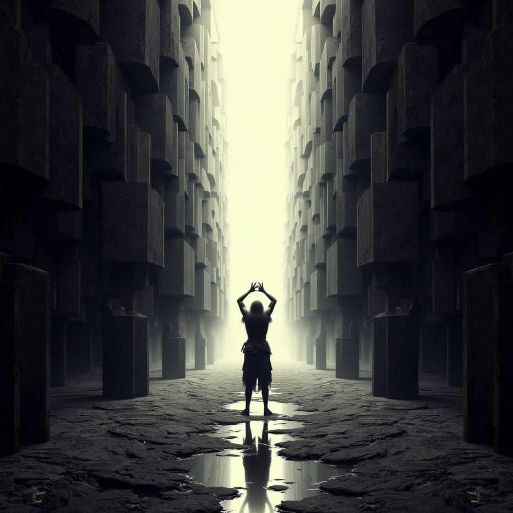 Fog-Shrouded Hallway with Figure in Surreal Maze