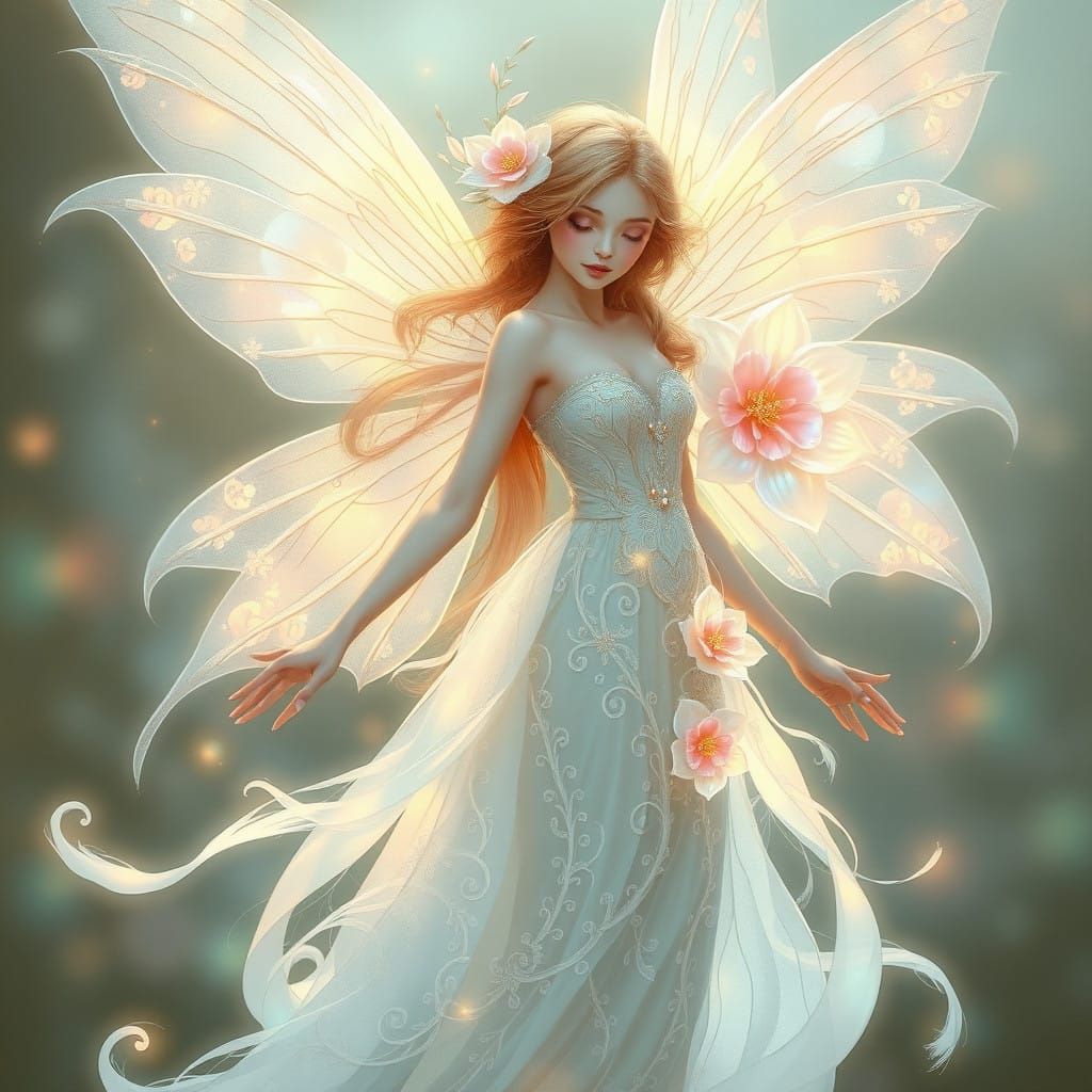 Ethereal Fairy in Diaphanous Gown with Holographic Flowers