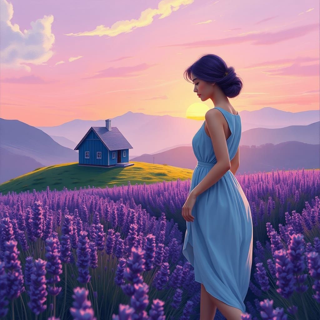 Lavender Field: Romantic Oil Painting of Woman