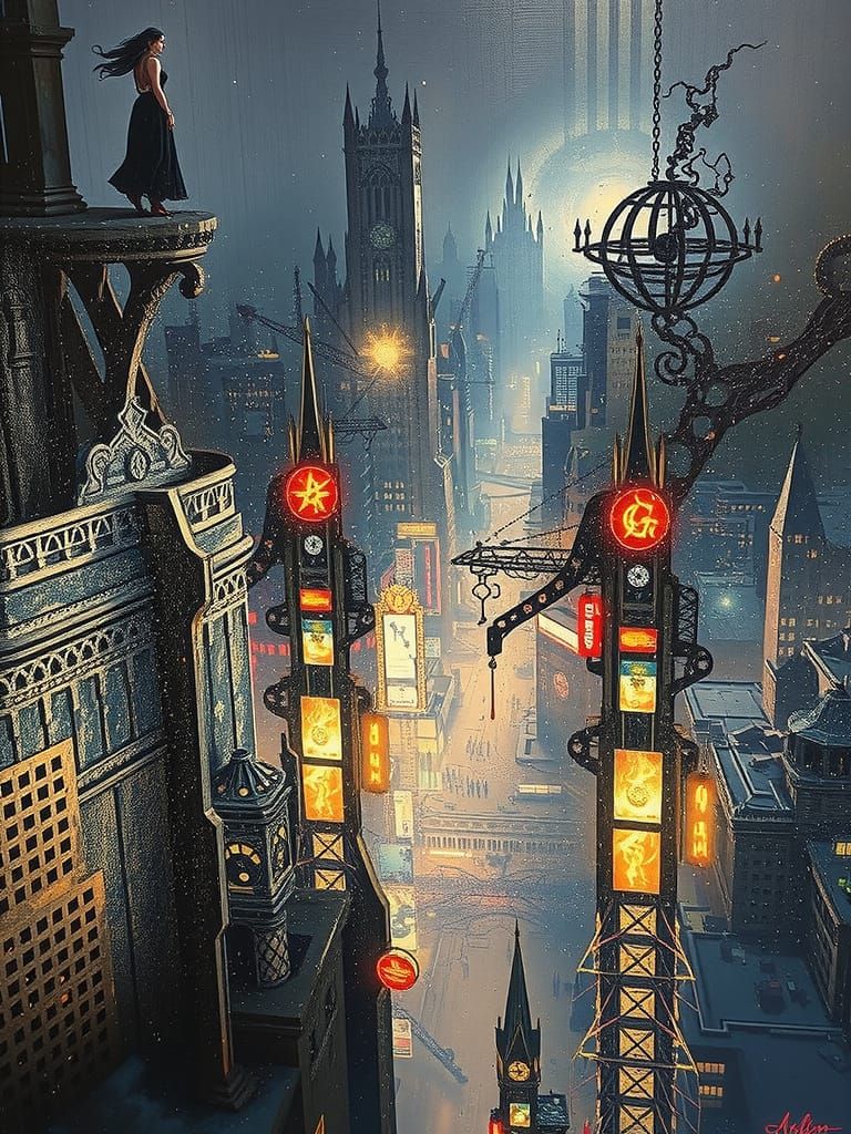 Sorceress Overlooks Gothic City in Twilight