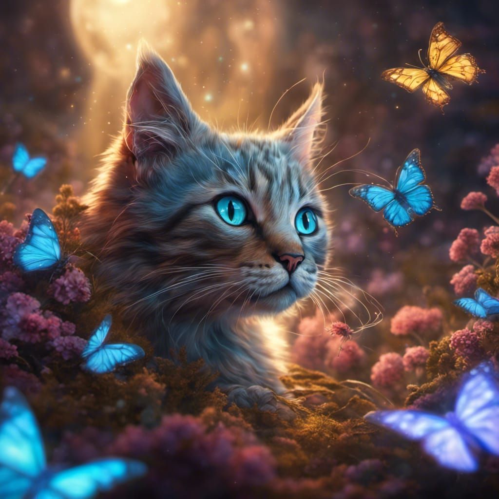 Bioluminescent Butterflies and Kitten in Fantasy Art