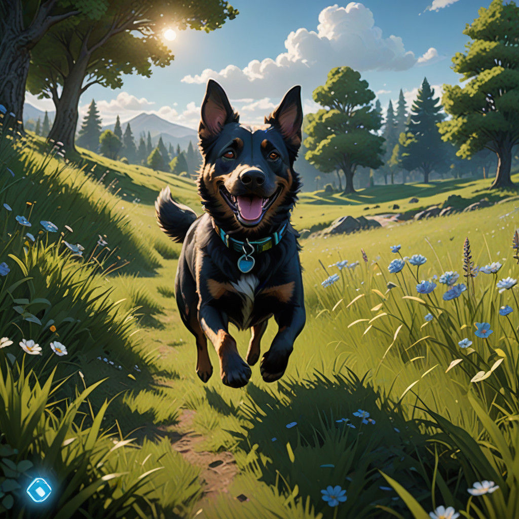 Happy Dog Exploring Open Grassy Field in Vibrant Concept Art