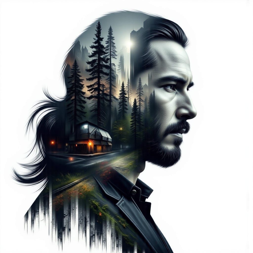 A Profile of Keanu Reeves in a Double Exposure Matrix Panora...