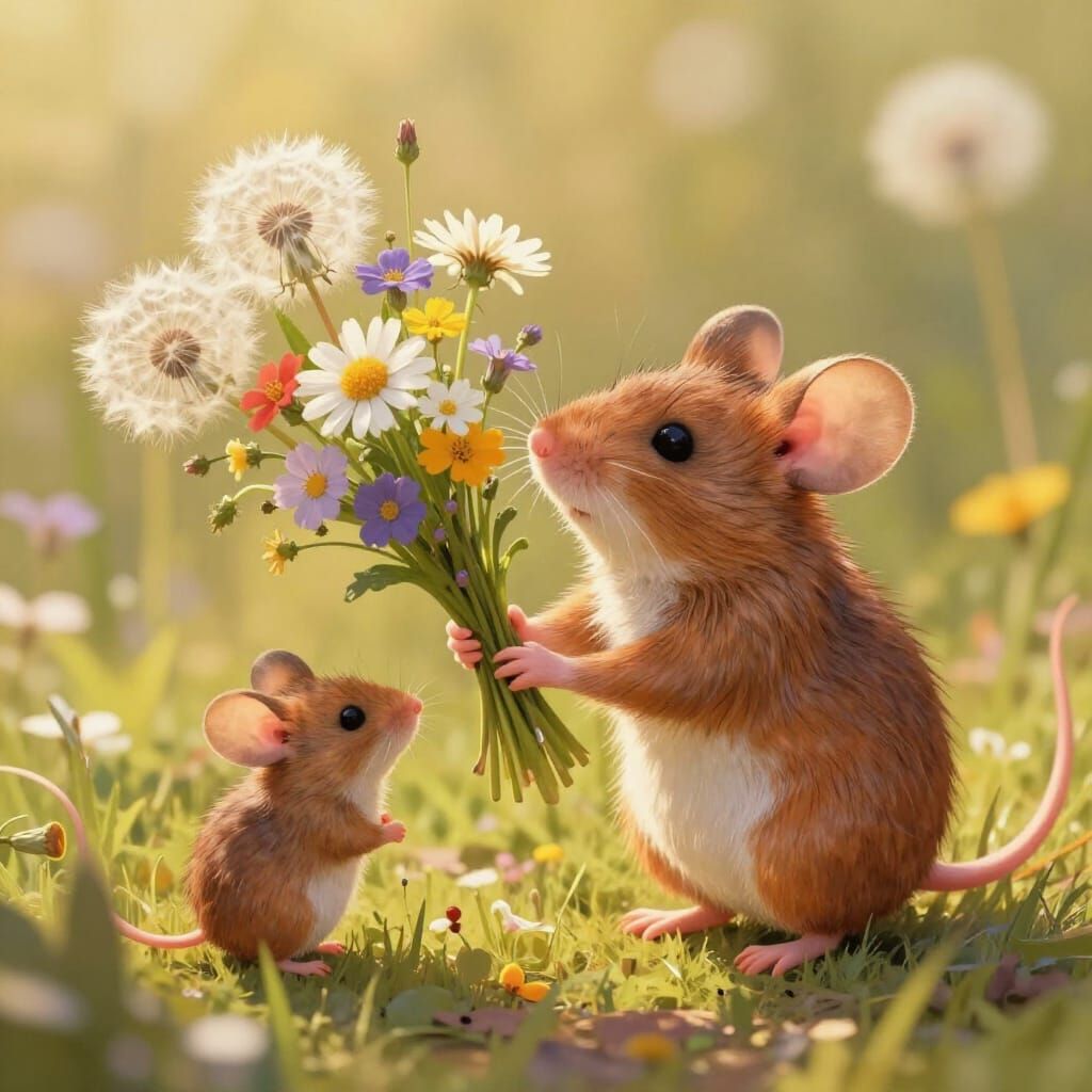 Adorable Mice Offer Wildflowers in Soft Sunlight