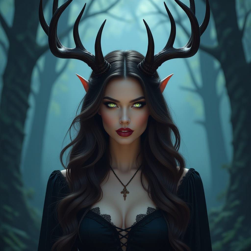 Eerie Forest Woman with Antlers and White Eyes
