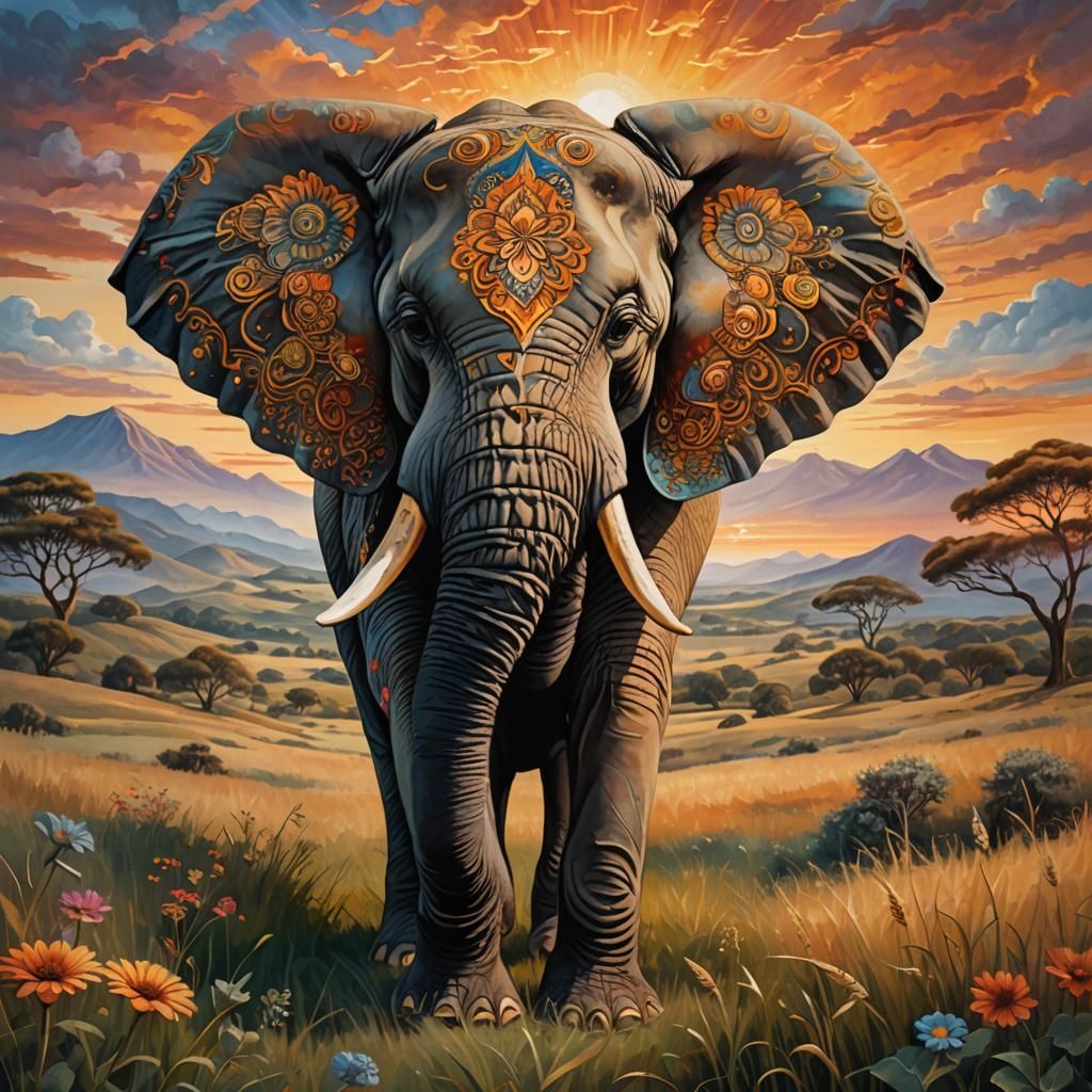 Majestic Elephant in Surreal Dreamlike Landscape