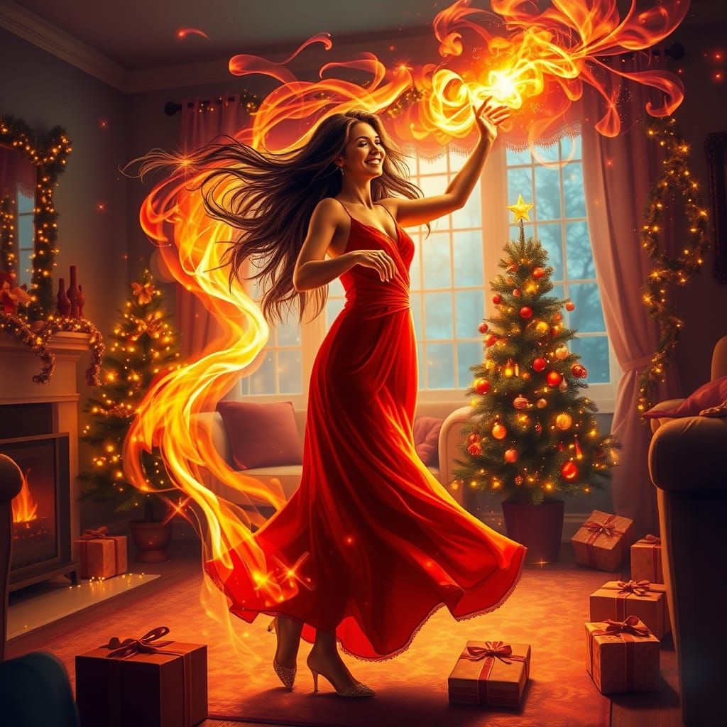 Woman Dancing with Cosmic Fire in Christmas Living Room