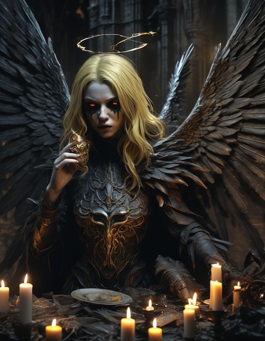 Grotesque Angel Consuming a Soul in Dark Cathedral