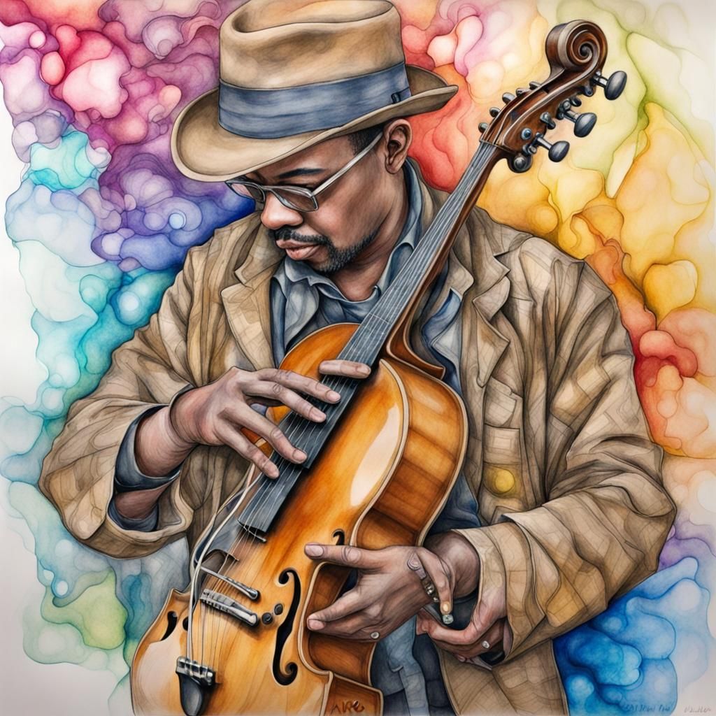 Street Musician in Surreal Alcohol Ink Drawing