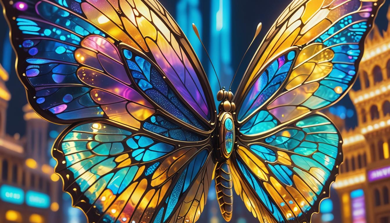 Iridescent Butterfly Wings Displaying Cityscape and Palaces