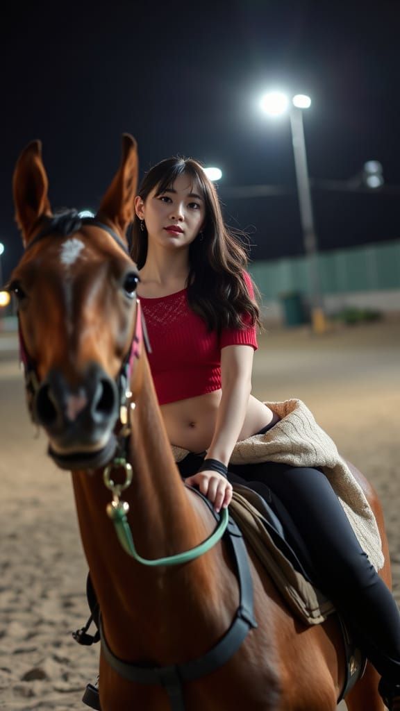 Beautiful Korean Woman Riding a Horse