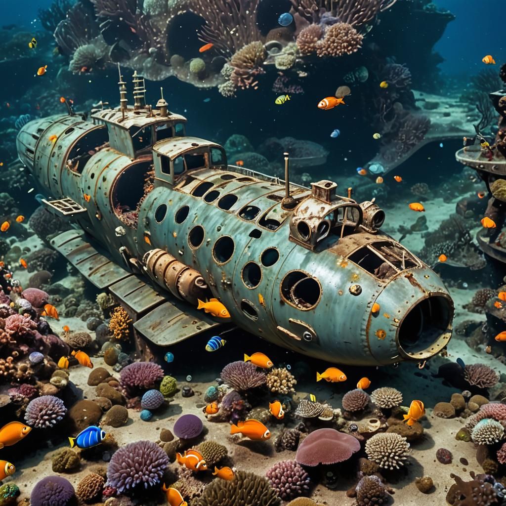 Wrecked Submarine on Ocean Floor with Fish