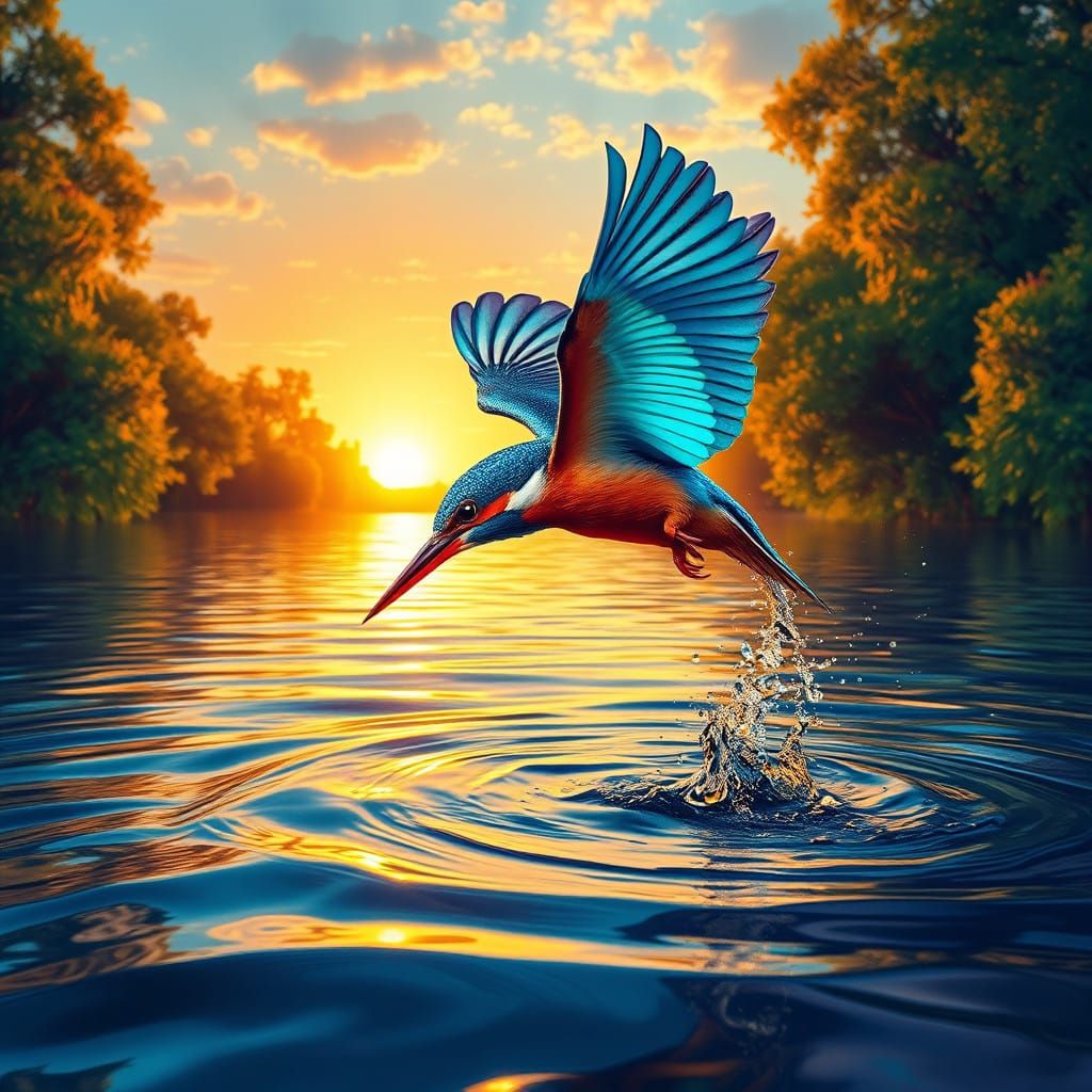 Iridescent Kingfisher in Sunset Lake, Fantasy Art