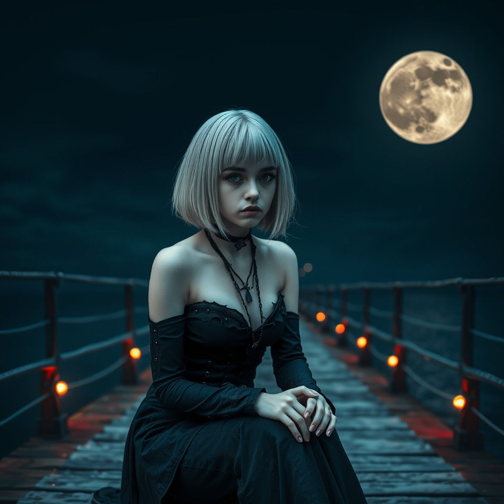 Gothic Vampire Girl on Pier with Bloody Moon