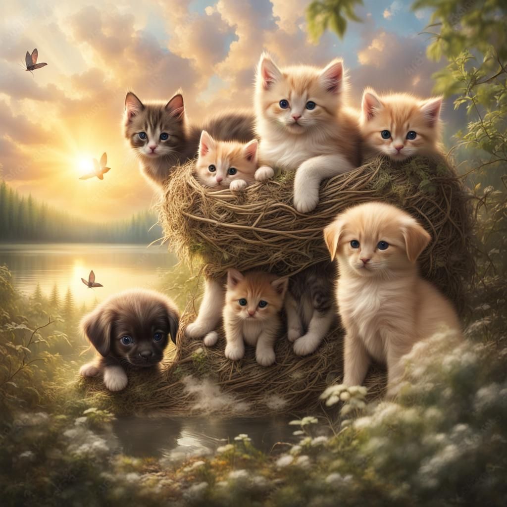 Nest of Kittens and Puppies in Forest