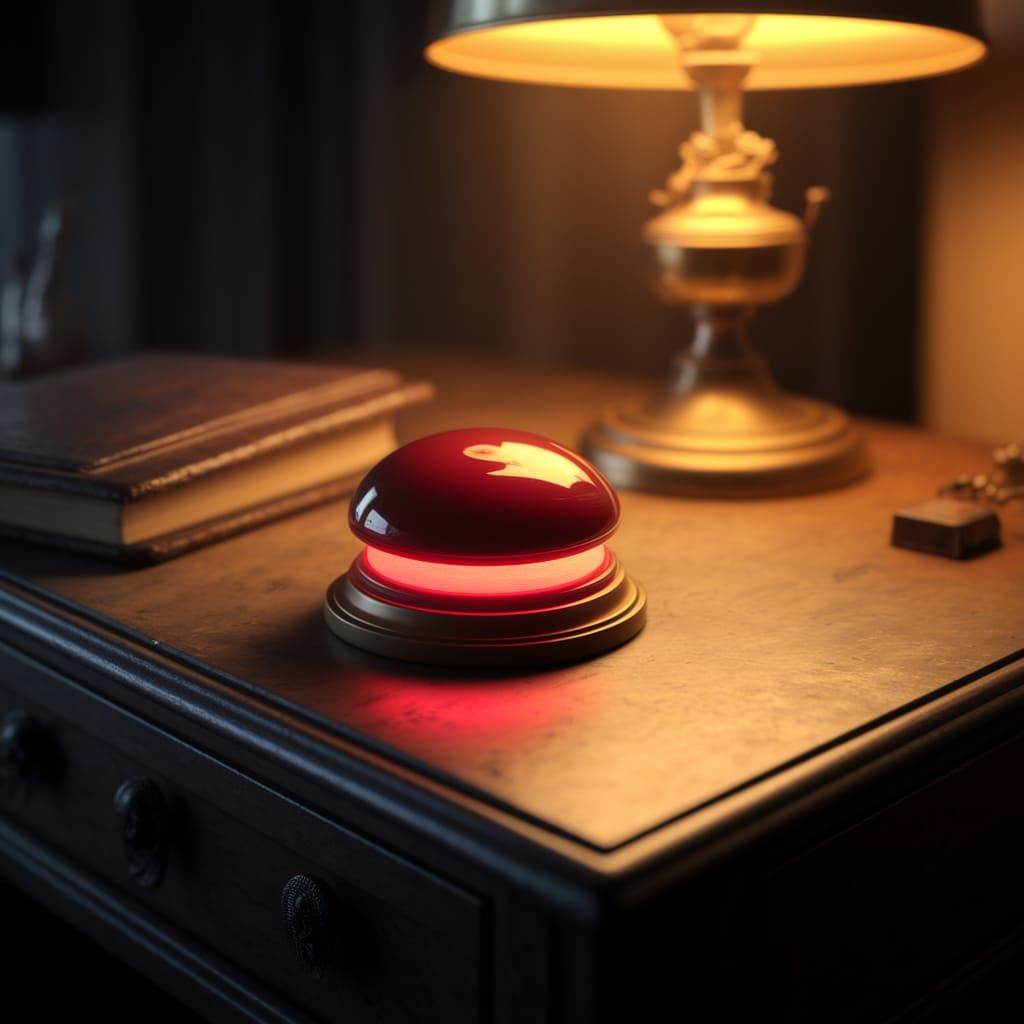 Ominous Red Button on Wooden Desk
