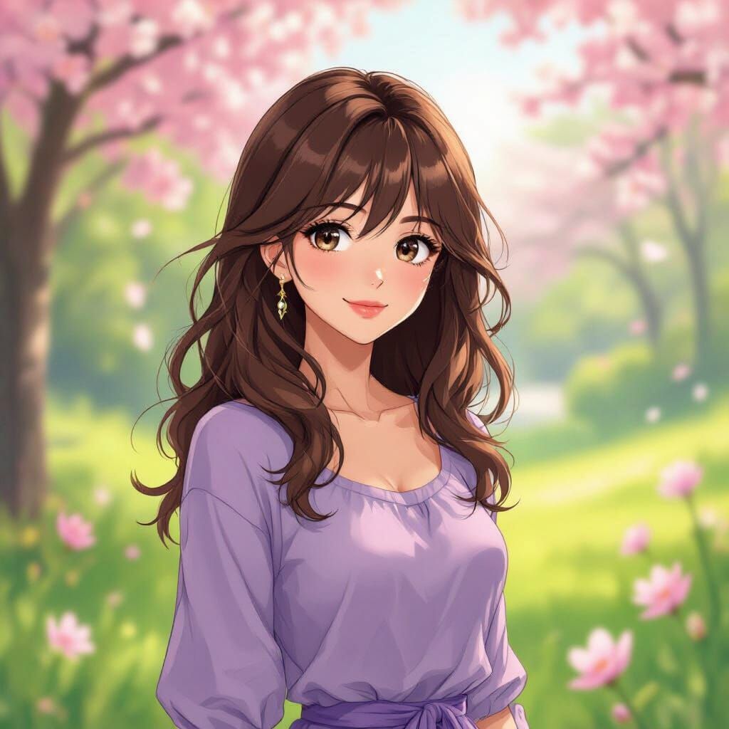Brown Haired Woman in Lavender Amidst Spring Blooms in Anime...