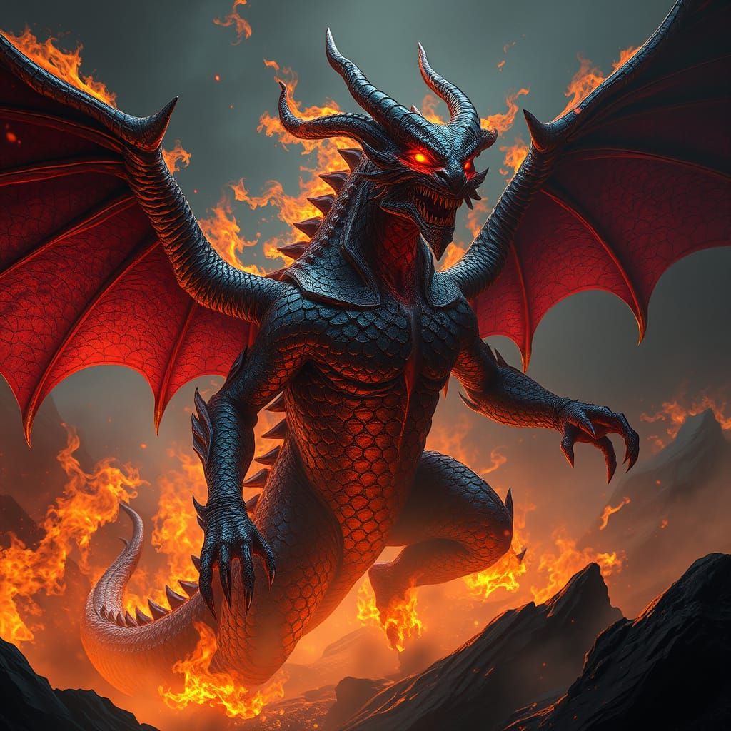 Dark Fantasy Fire Demon in Polished Onyx Armor