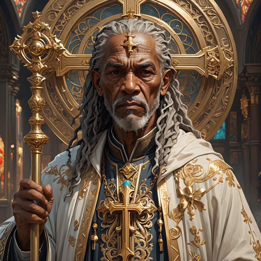 Priest with Golden Cross Staff: Detailed Portrait