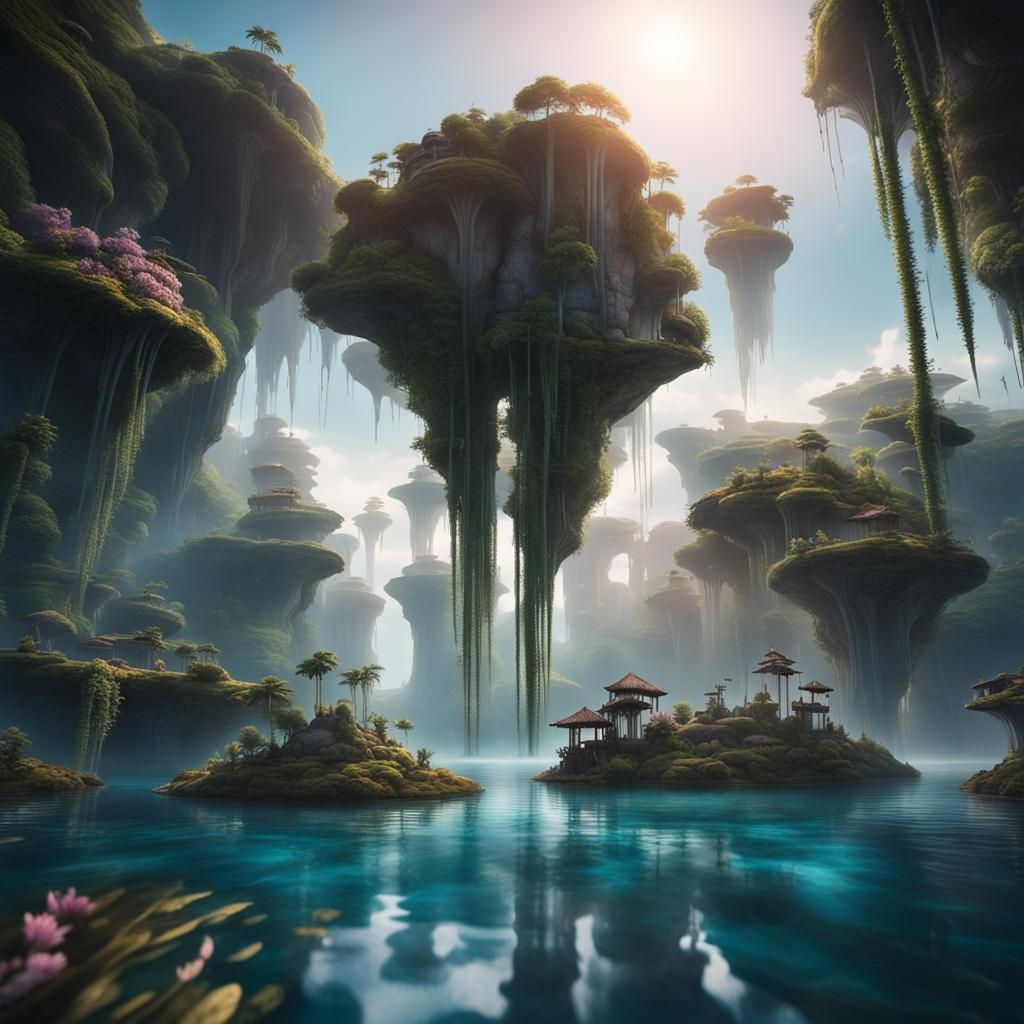 Dreamlike Floating Islands Sculpture in Surreal Sky