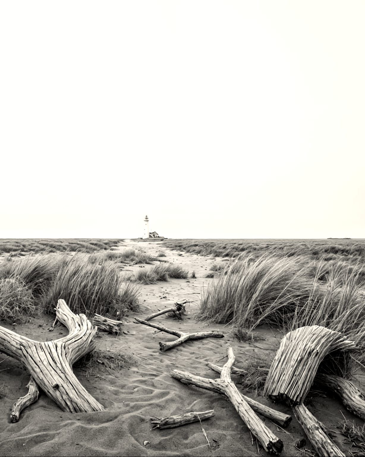 Melancholic Coastal Landscape with Distant Lighthouse