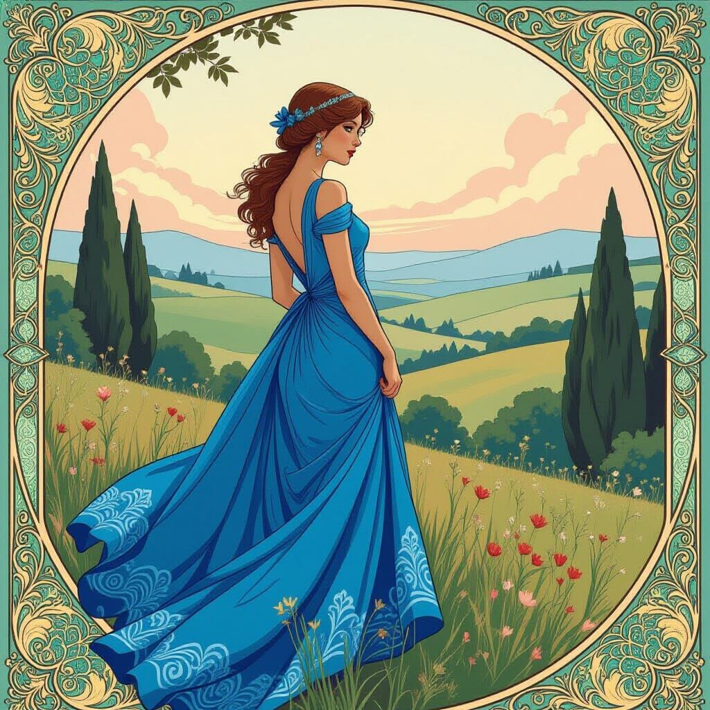 Woman in Blue Dress, Art Nouveau Digital Painting