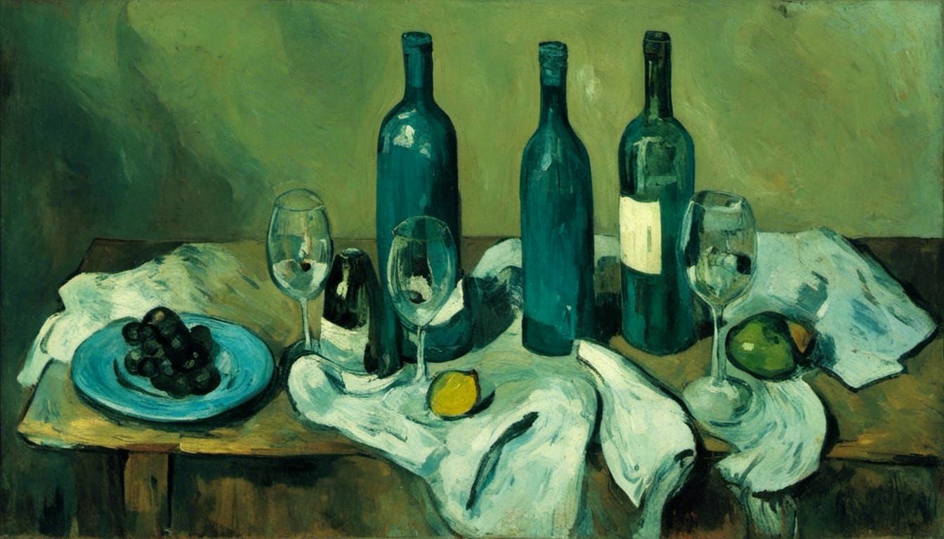 Wine Bottles and Glasses in Impressionist Style