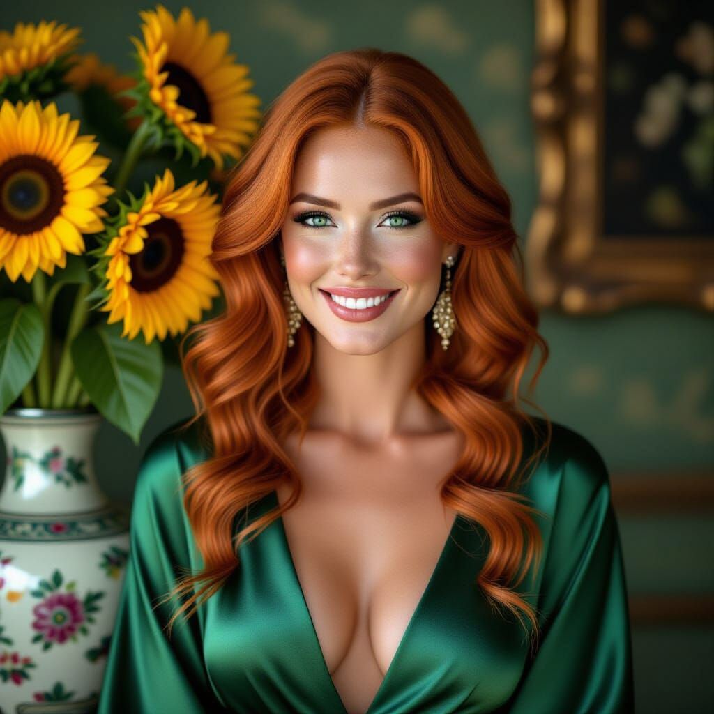 Smiling Woman with Sunflowers in Hyperrealistic Style