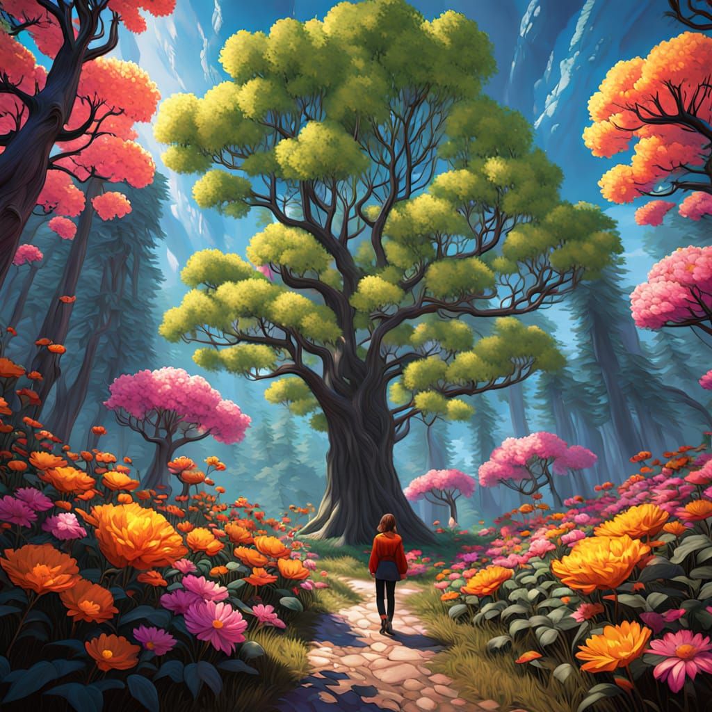 Vibrant Pop Art Portrait in a Surreal Forest of Glowing Tree...