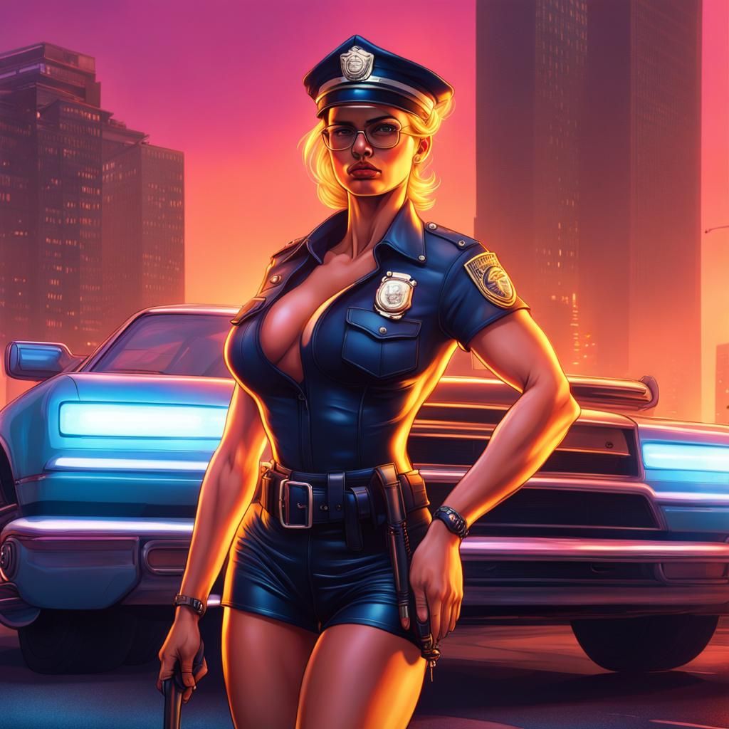 Muscular Police Officer in Synthwave Golden Hour