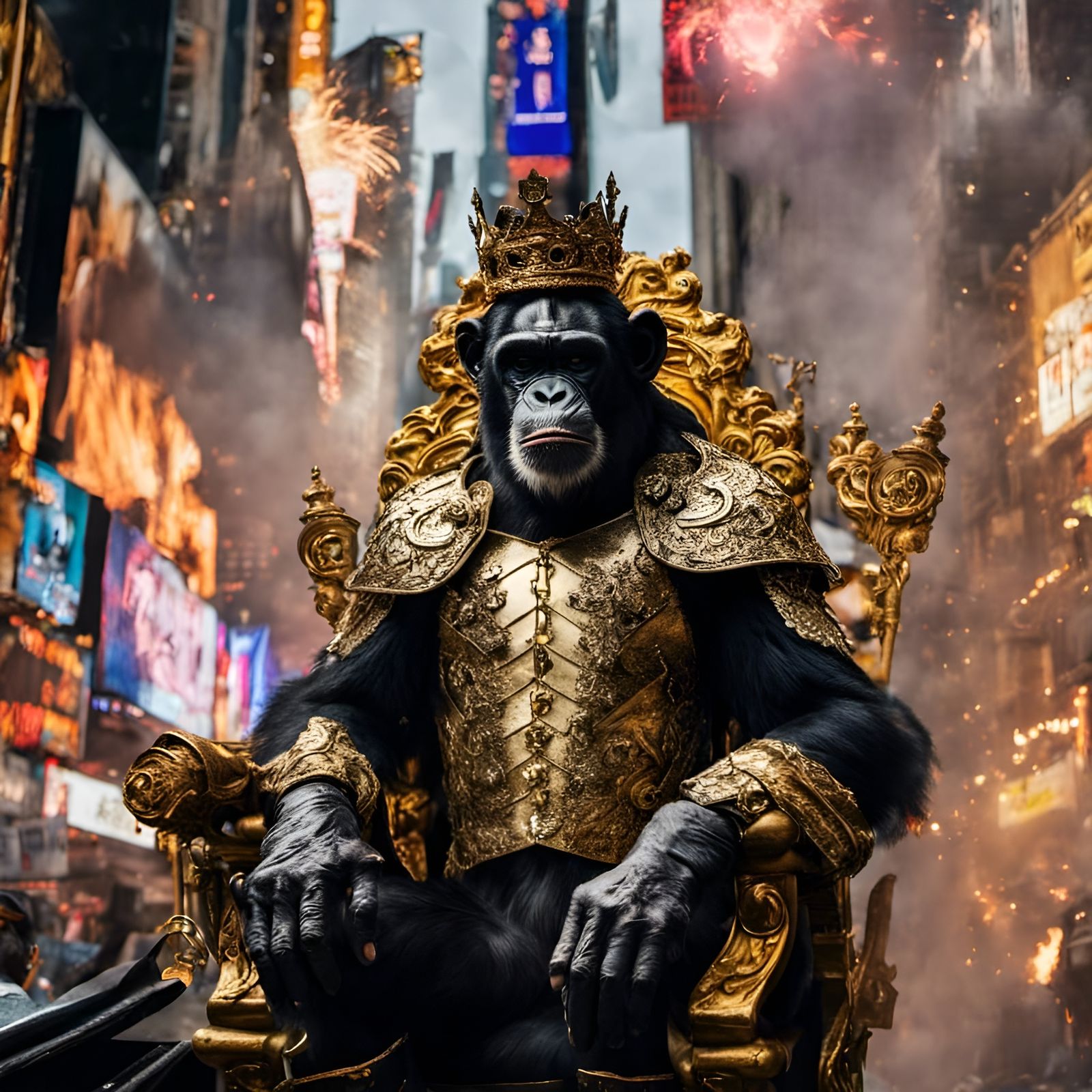 Cyberpunk Chimpanzee King in Burning Times Square