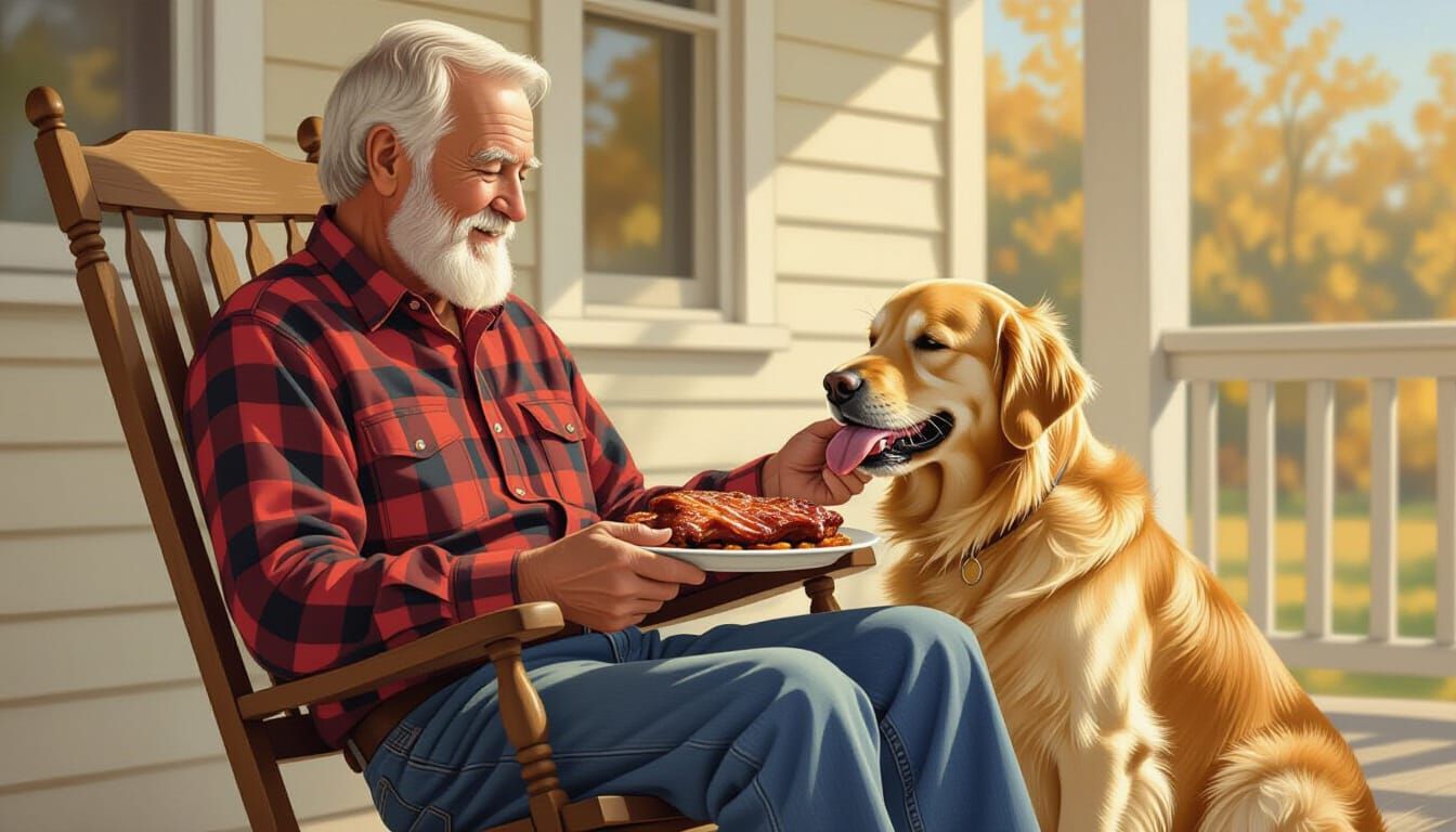 Whimsical Image of Man, Dog, and BBQ Ribs