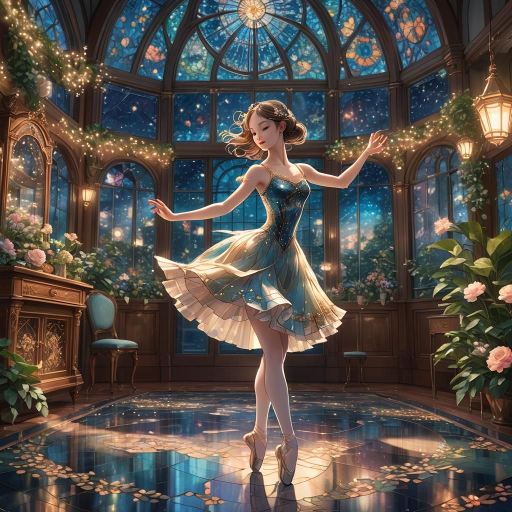 Ballerina in Moonlit Studio: Digital Art in Anime Style